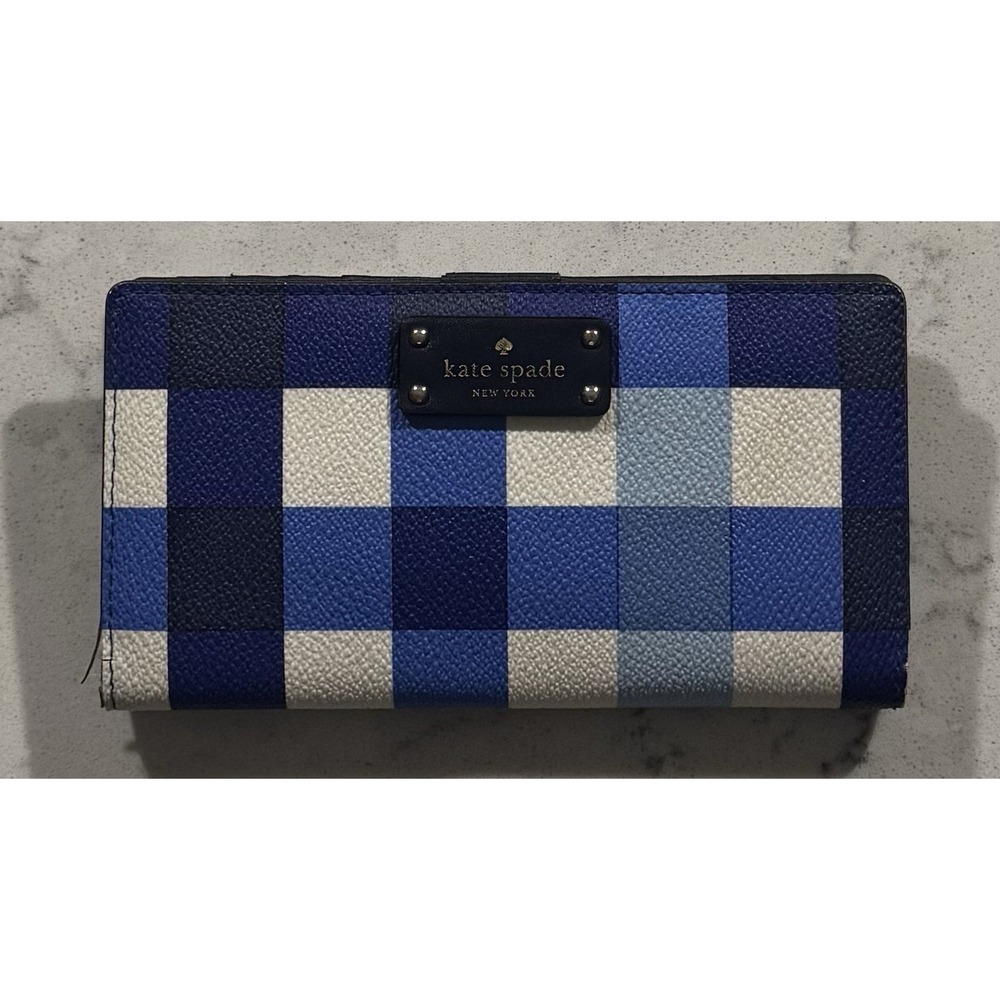 Kate Spade Grove Street Stacy Wallet Blue Gingham Plaid Slim Bifold Coin Pocket